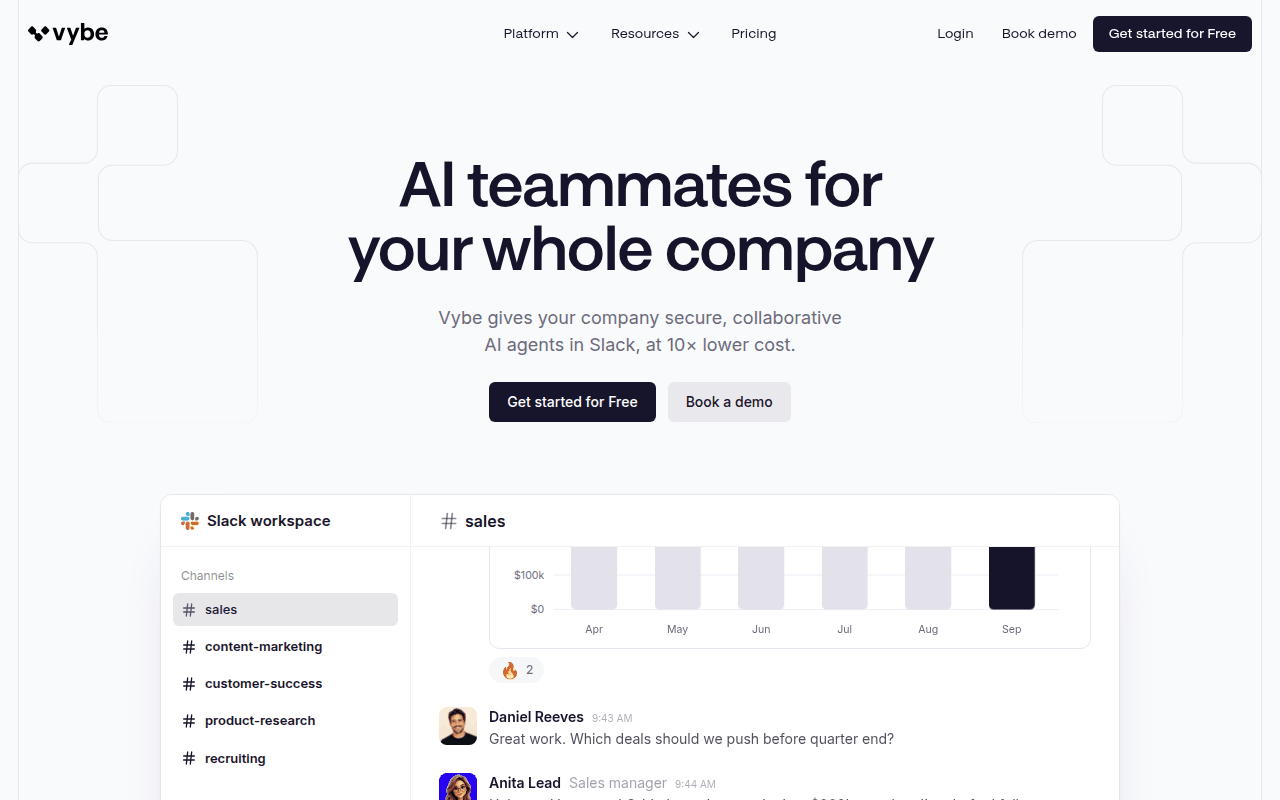 Vybe homepage: AI teammates for your whole company in Slack