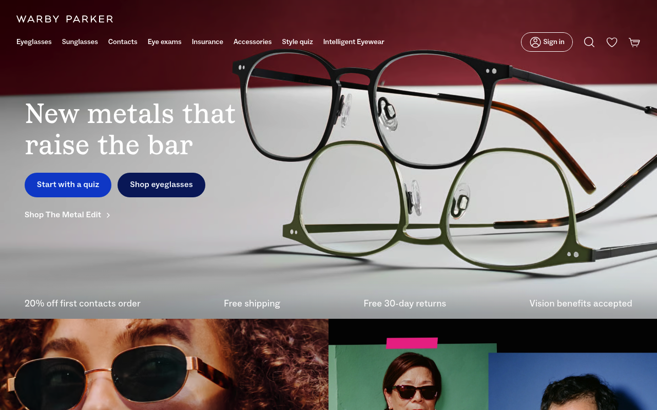 Warby Parker homepage leading with frames shown on faces rather than as flat product cutouts