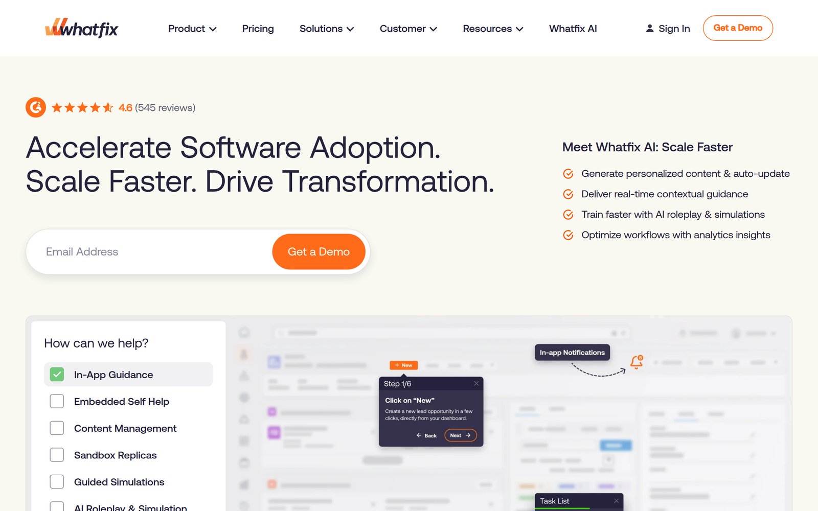 Whatfix homepage showing its digital adoption platform with in-app guidance overlays
