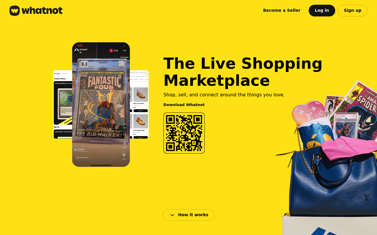 Whatnot's homepage describing its live shopping marketplace for buying and selling on stream