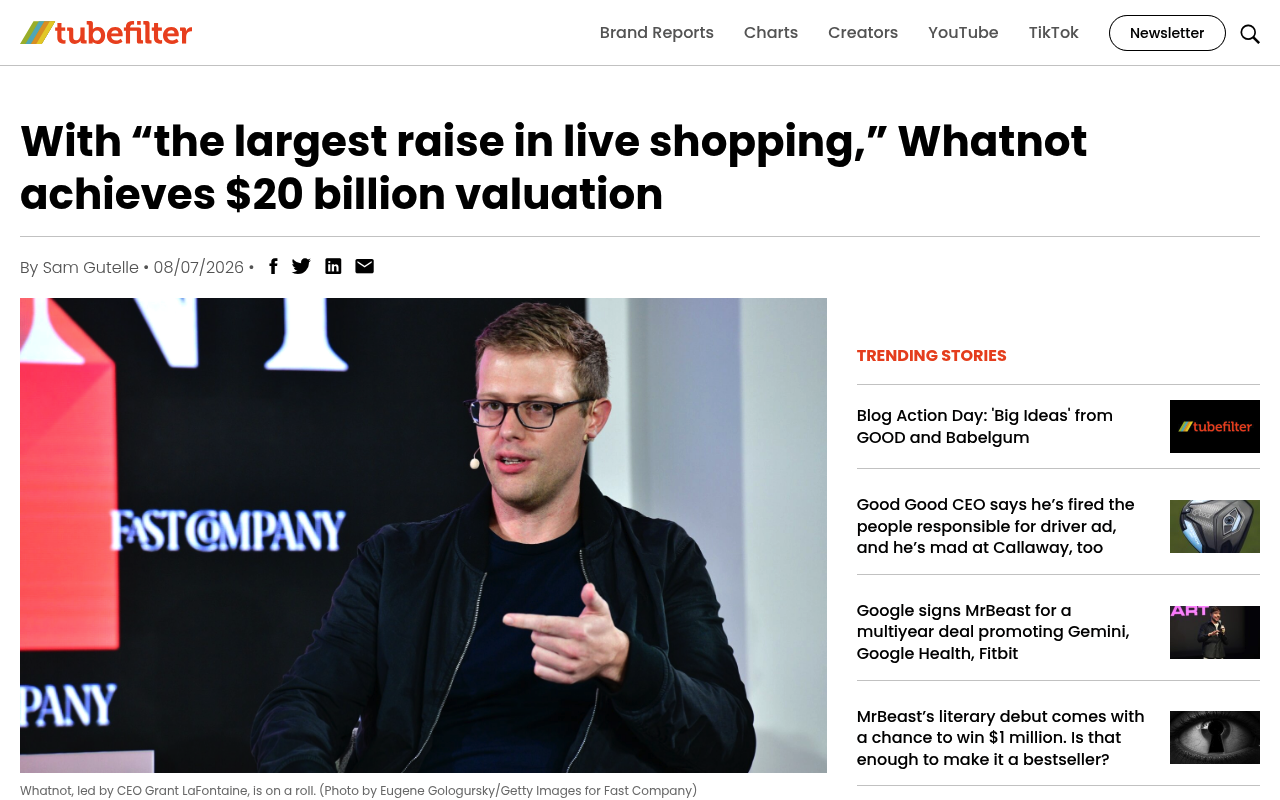 Coverage of Whatnot's Series G, the largest raise in live shopping, valuing the company at $20 billion