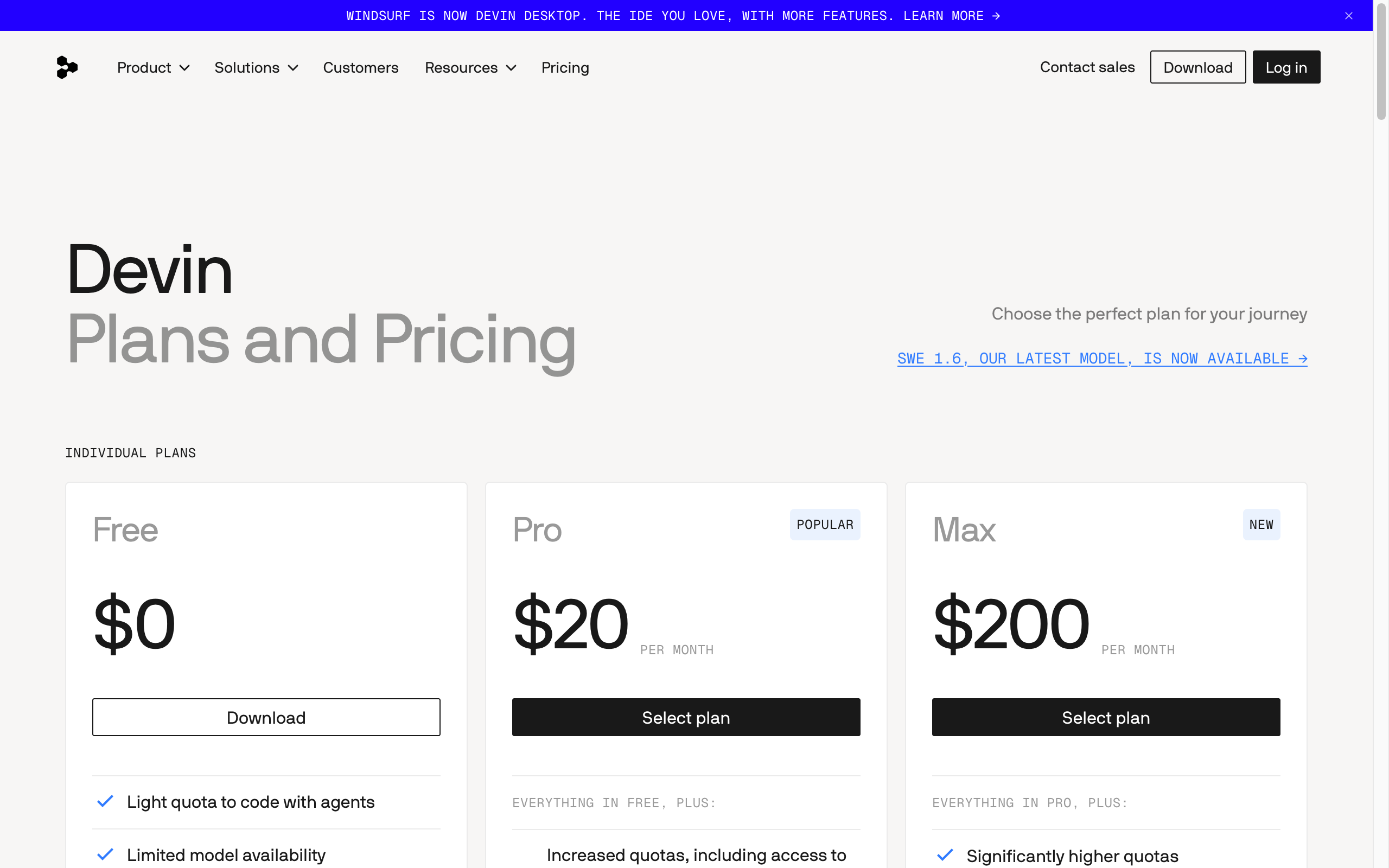 Windsurf's pricing page, now branded Devin: Free, Pro at $20/month, Max at $200/month