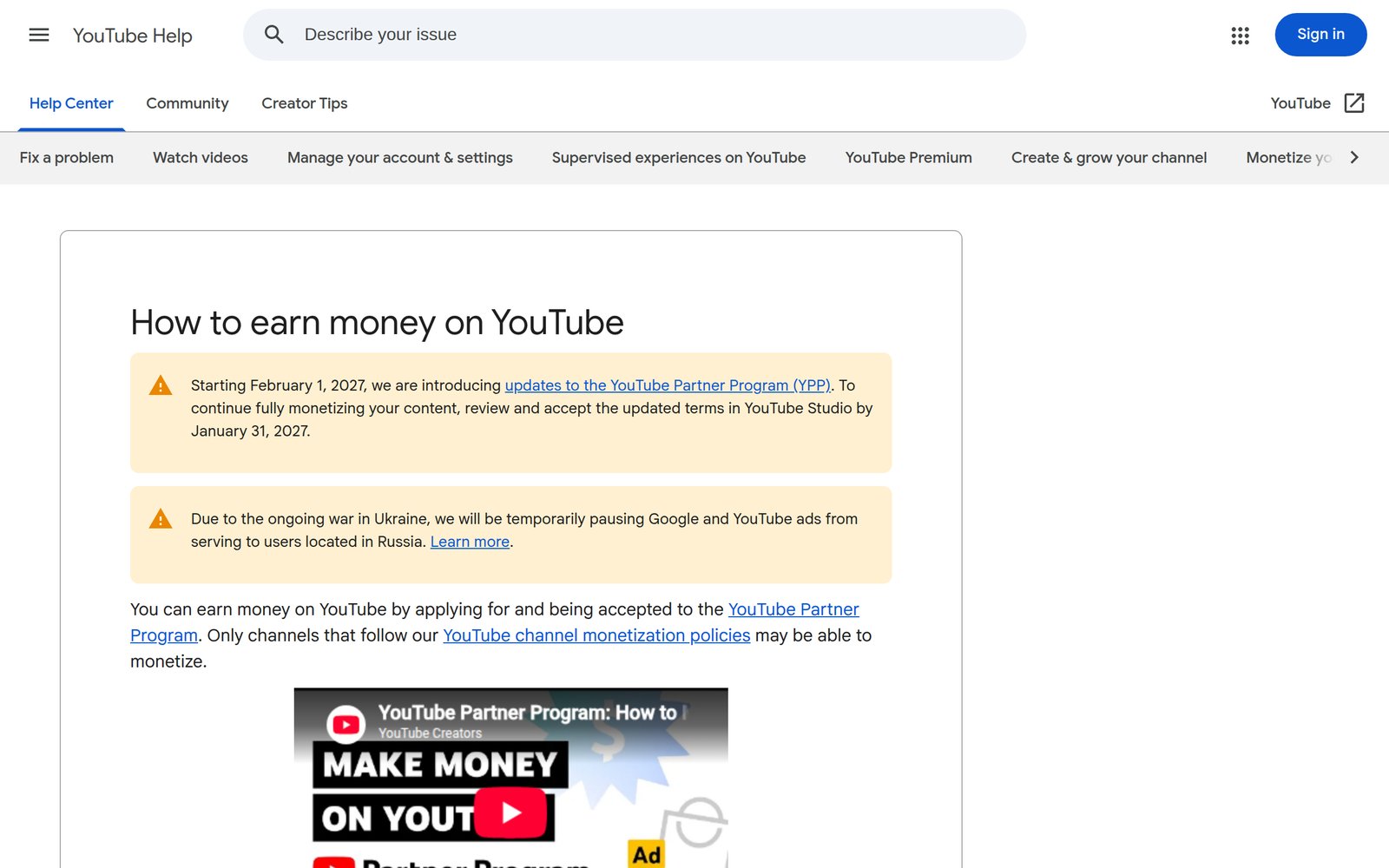 YouTube Help page titled How to earn money on YouTube, explaining the YouTube Partner Program