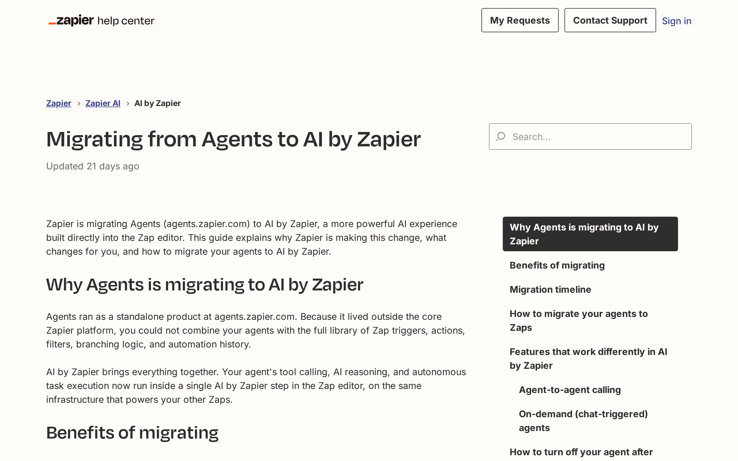 Zapier help center article on migrating from Zapier Agents to AI by Zapier inside the Zap editor