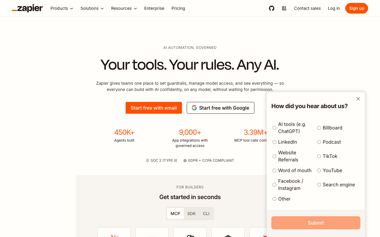 Zapier homepage showing automation workflows