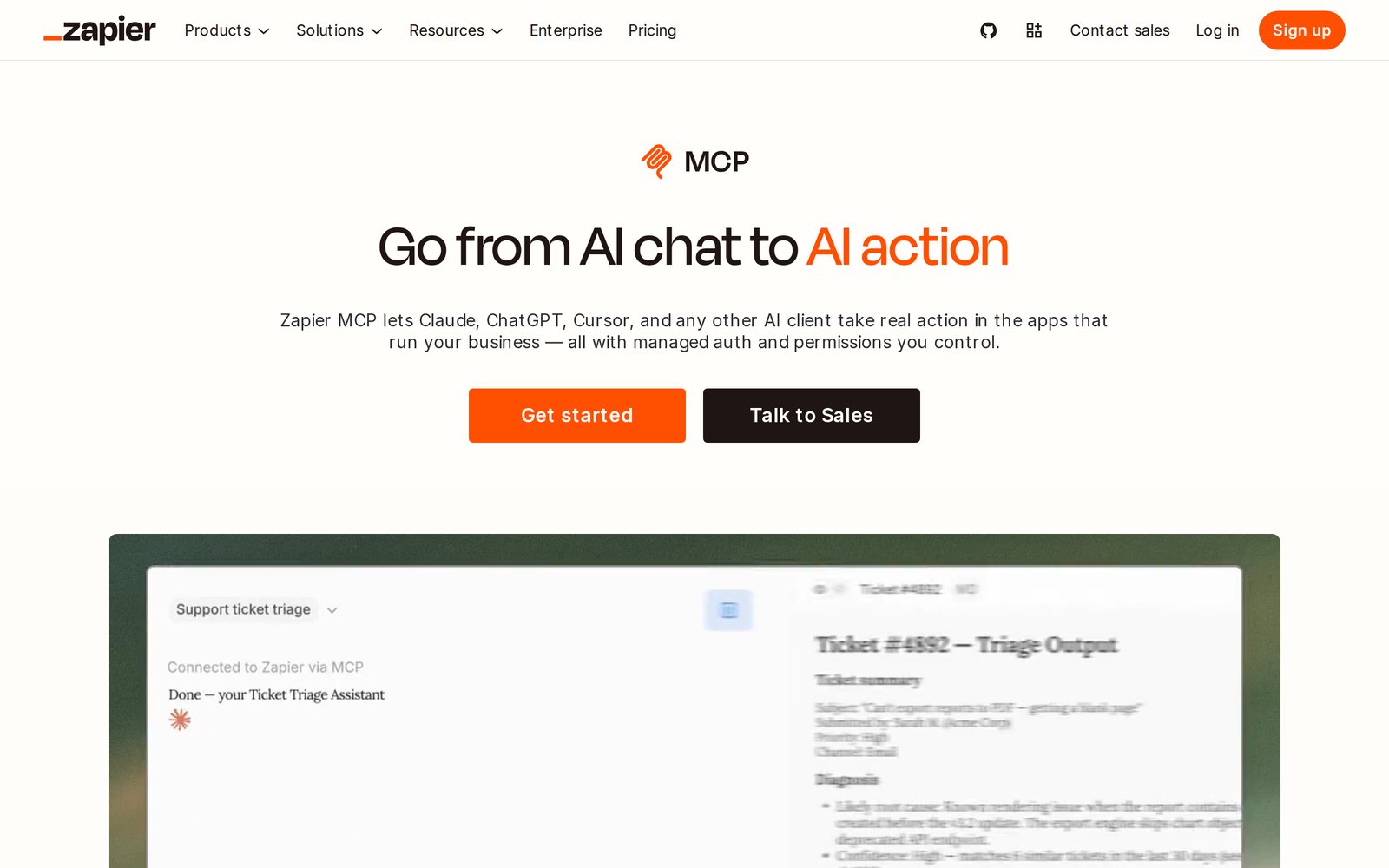 Zapier MCP page: go from AI chat to AI action, with managed auth and permissions you control