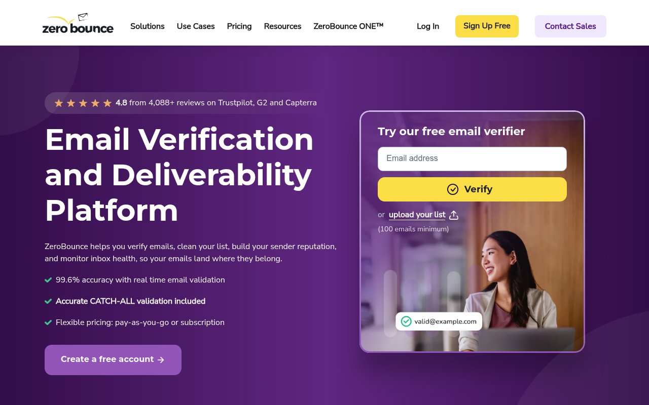 ZeroBounce homepage, an email verification service with a free email verifier