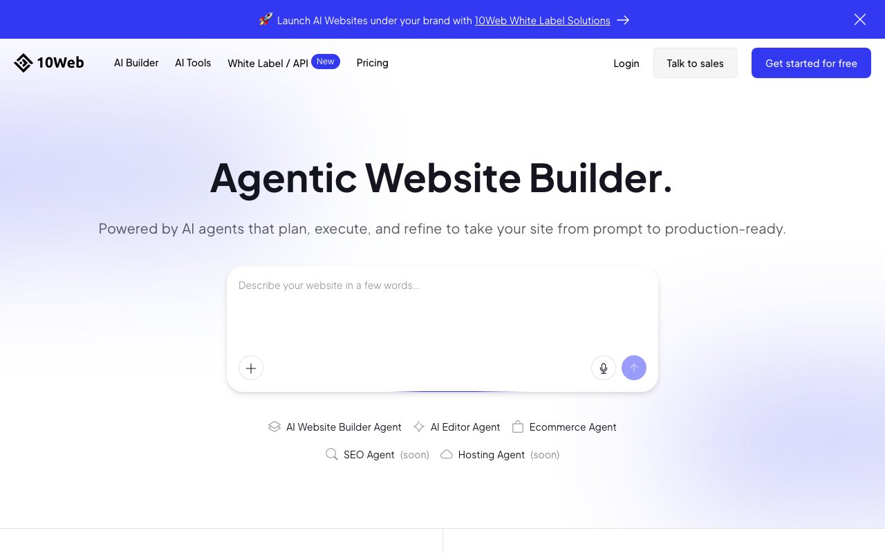 10Web homepage showing AI WordPress website builder and hosting