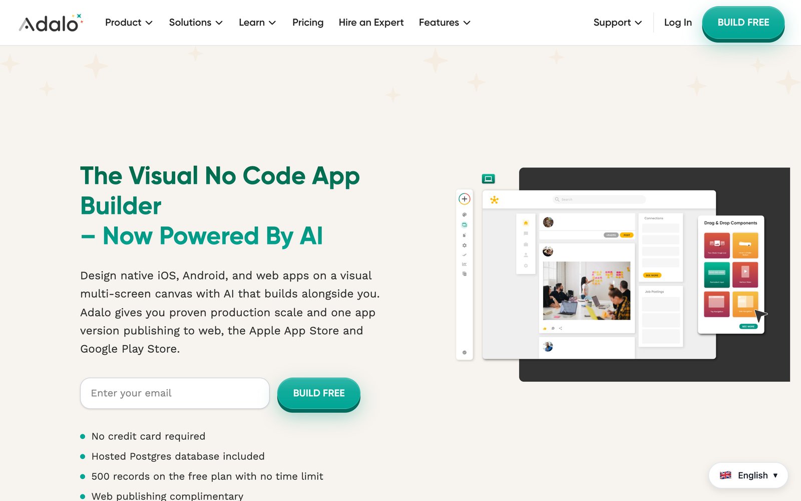 Adalo homepage: the visual no-code app builder powered by AI