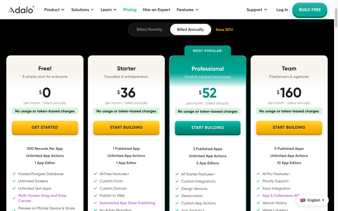 Adalo pricing: free tier, Starter $36, Professional $52, Team $160 per month billed annually