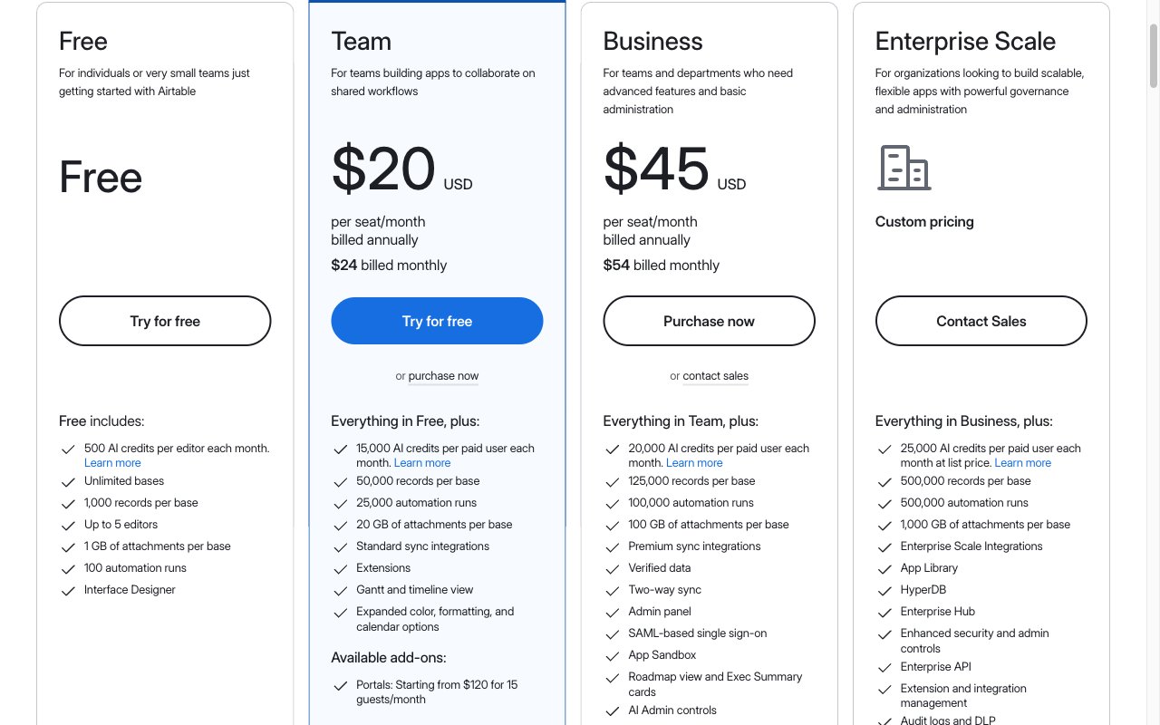 Airtable pricing: free tier, Team $20 per seat, Business $45 per seat, Enterprise custom
