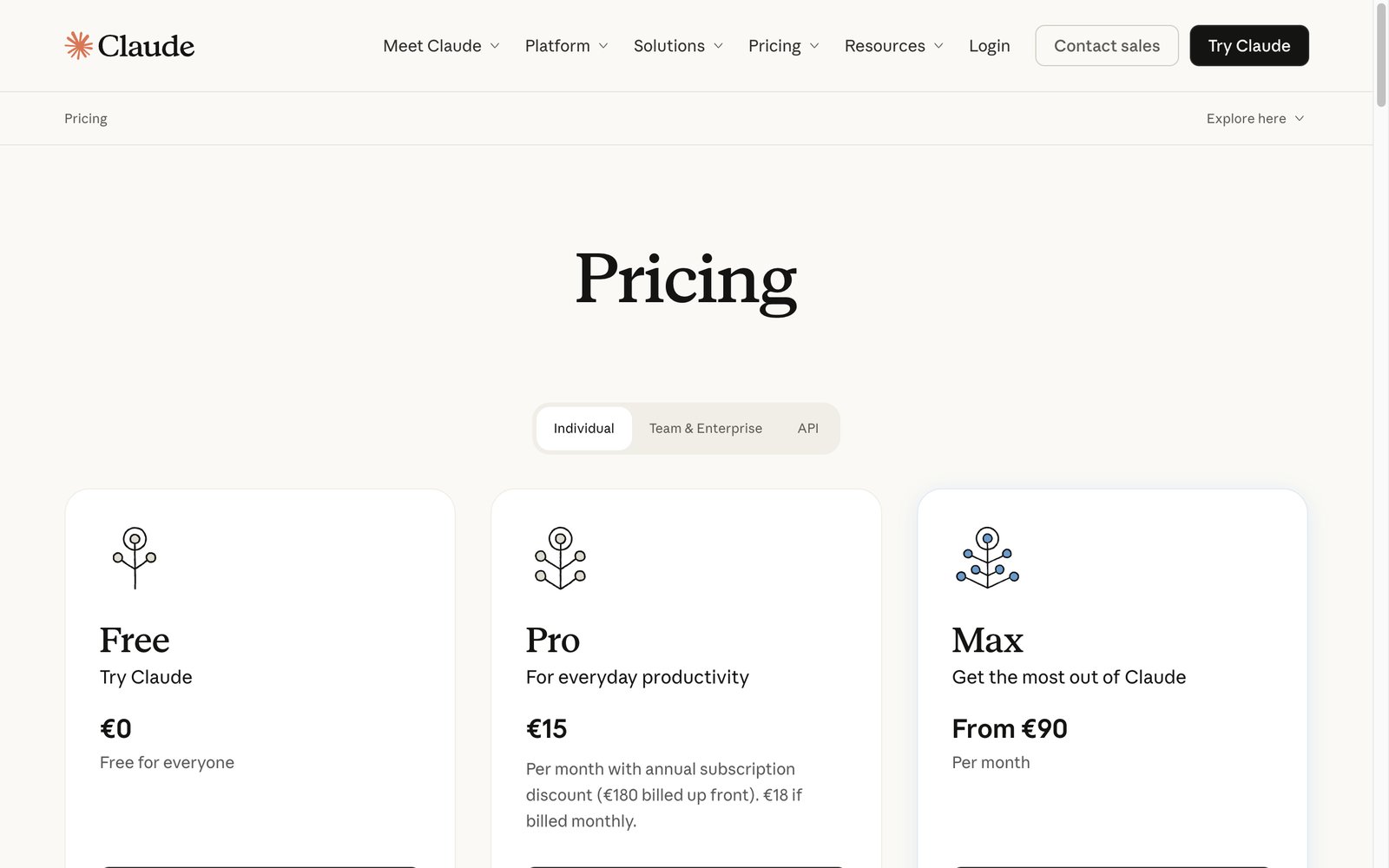 Claude pricing: free tier, Pro at €15/month annual, Max from €90/month