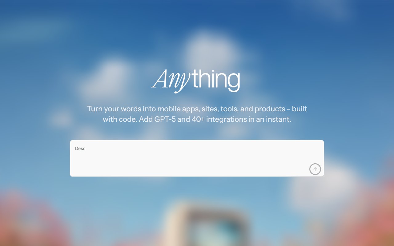 Anything homepage showing AI app builder with one-click Mocha migration