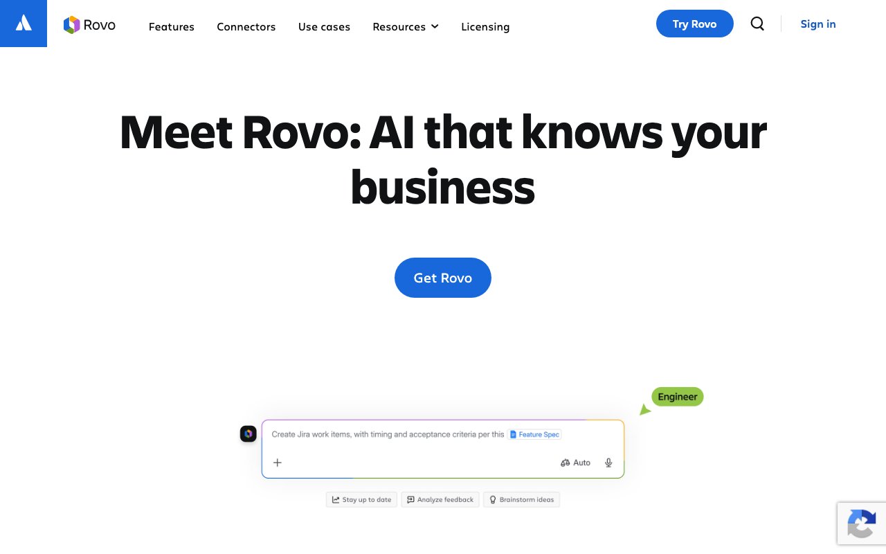 Atlassian Rovo homepage showing AI agents inside Atlassian