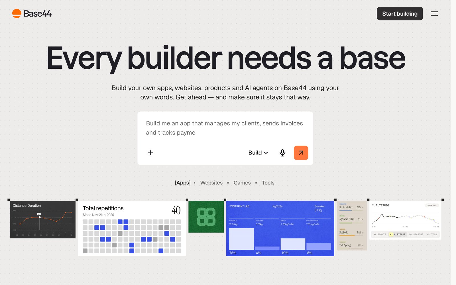Base44 homepage: build apps, sites, and AI agents from a prompt