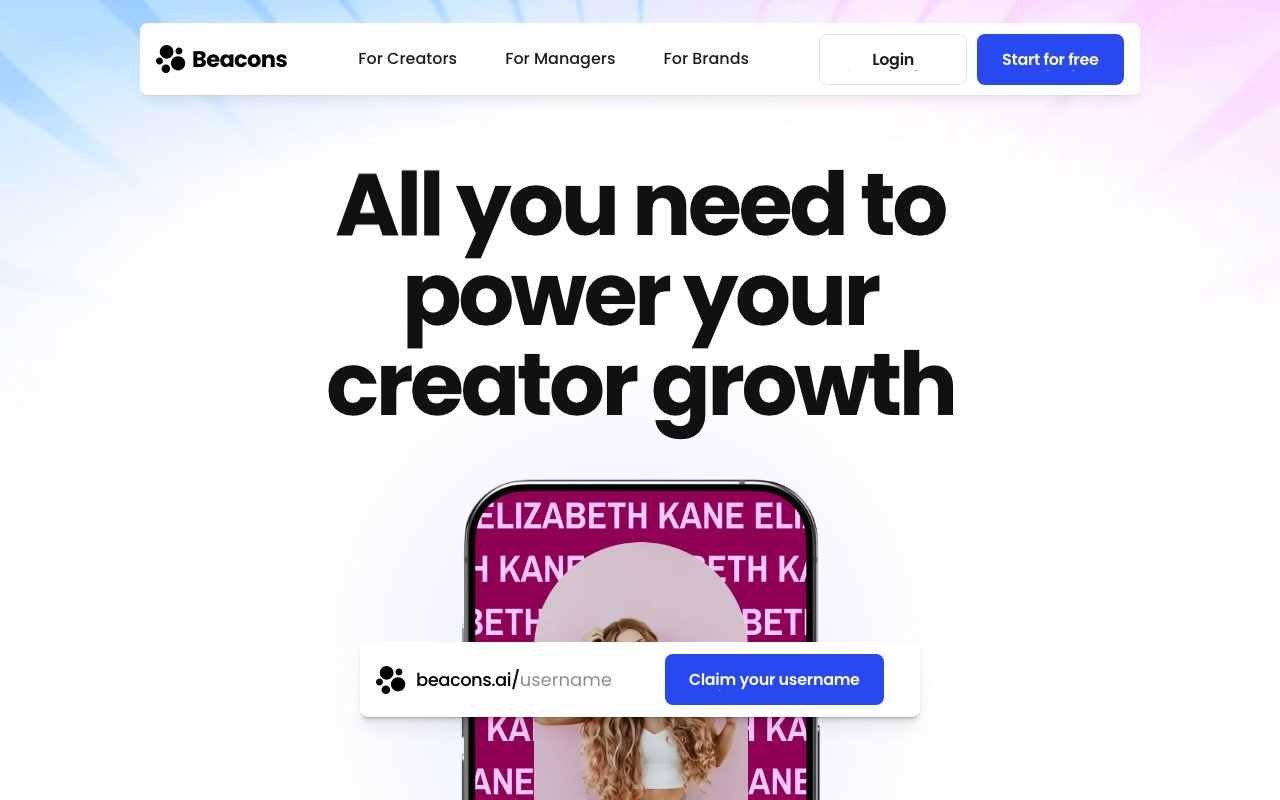 Beacons homepage showing AI-powered link-in-bio creator platform