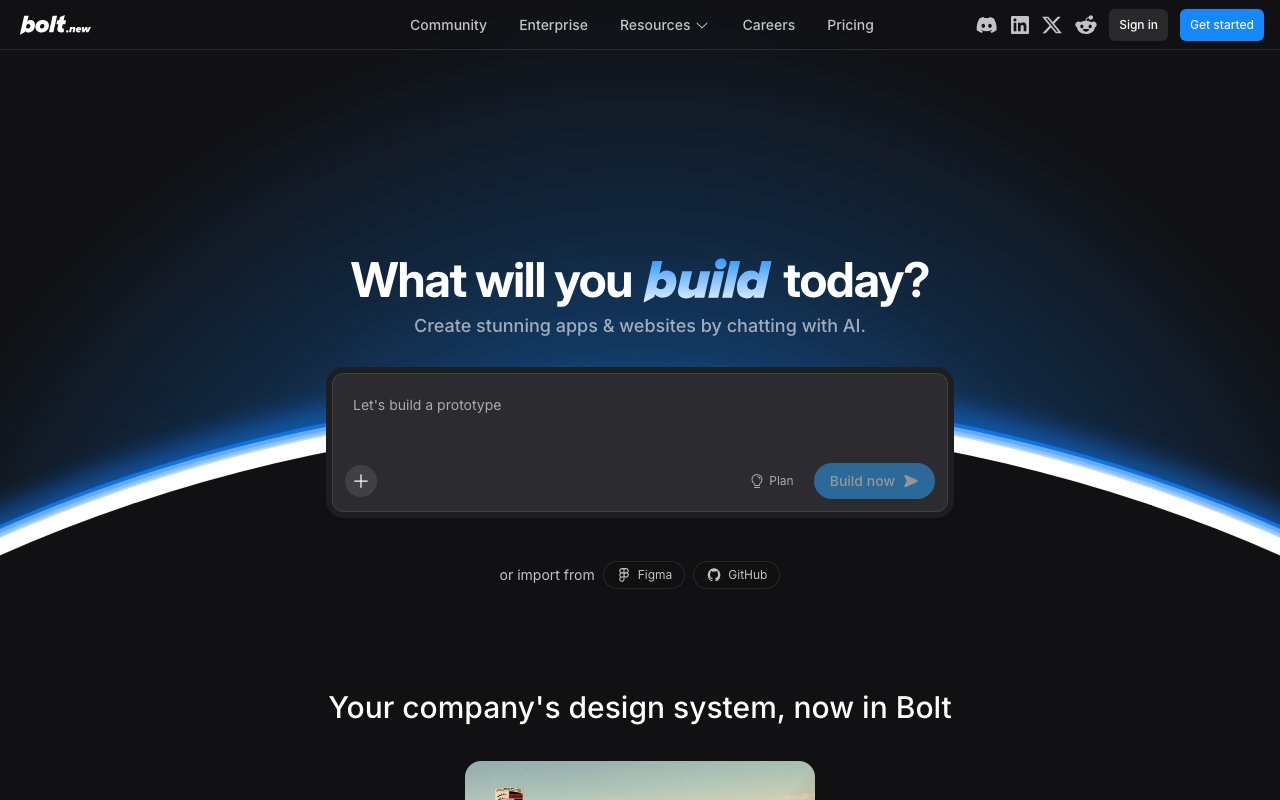 Bolt.new homepage showing AI full-stack app generation