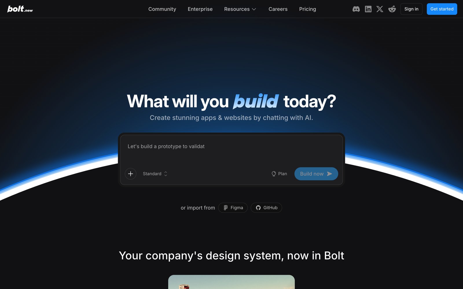 Bolt.new homepage: build full-stack web apps in the browser