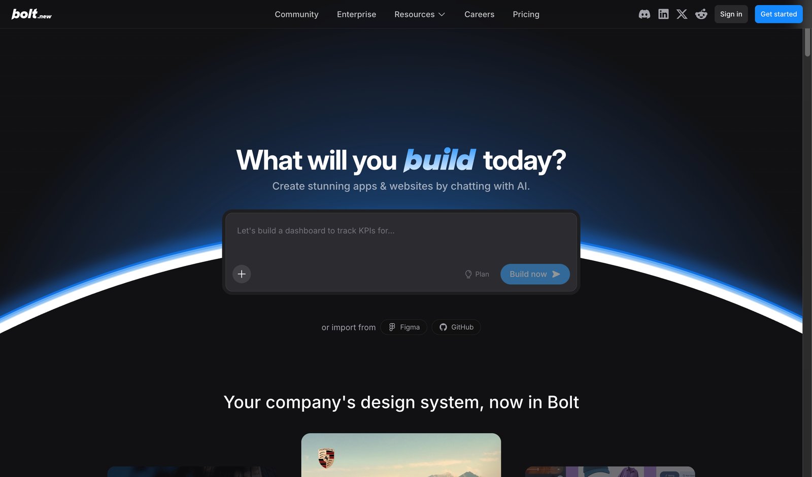 Bolt.new homepage showing AI-powered web development platform
