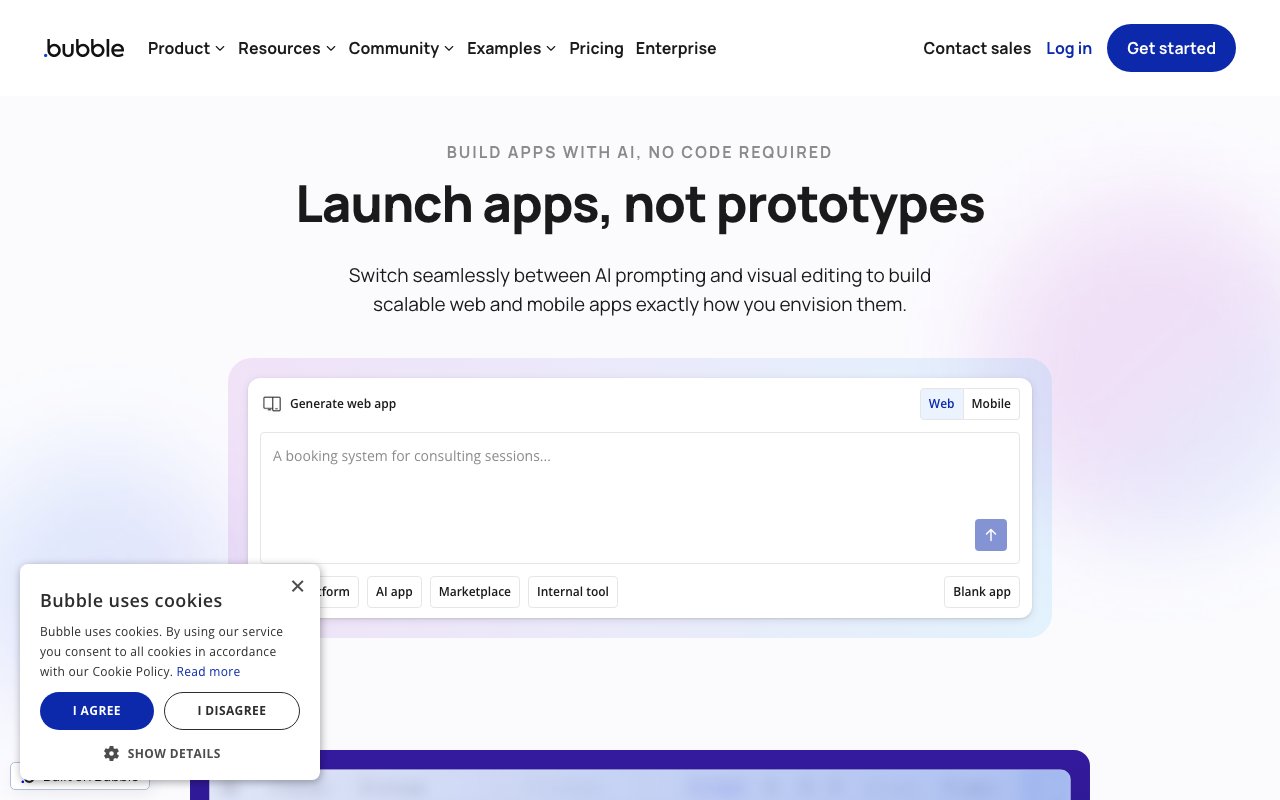 Bubble homepage showing visual no-code app builder