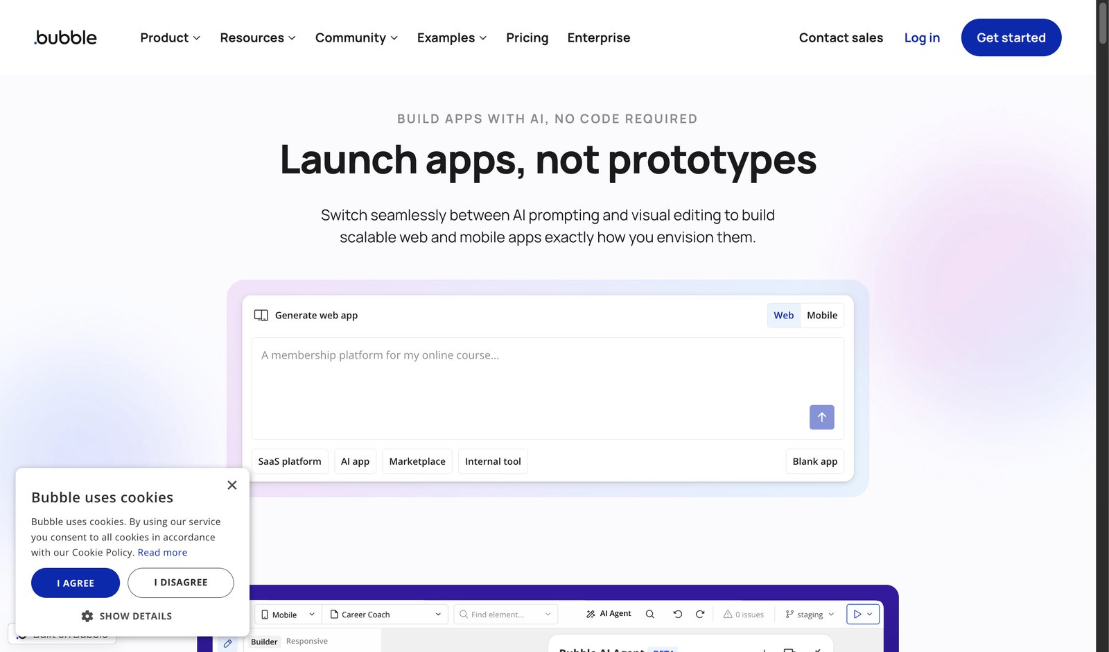 Bubble.io visual development platform homepage