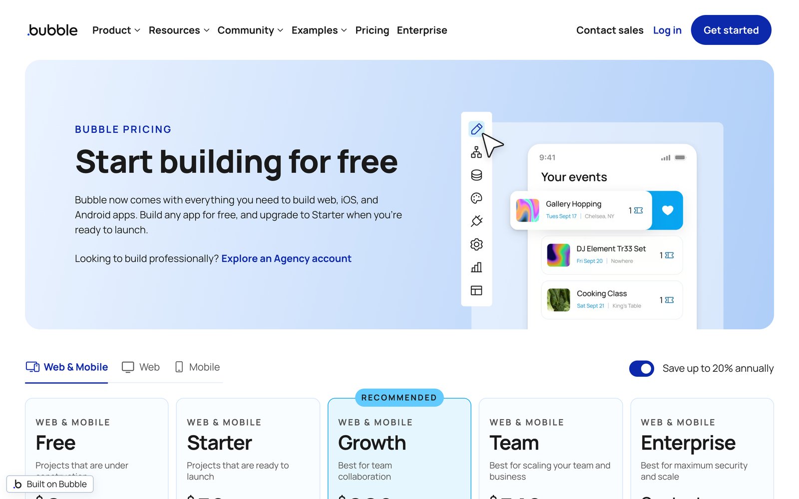 Bubble's pricing page: free to build, paid plans from Starter up