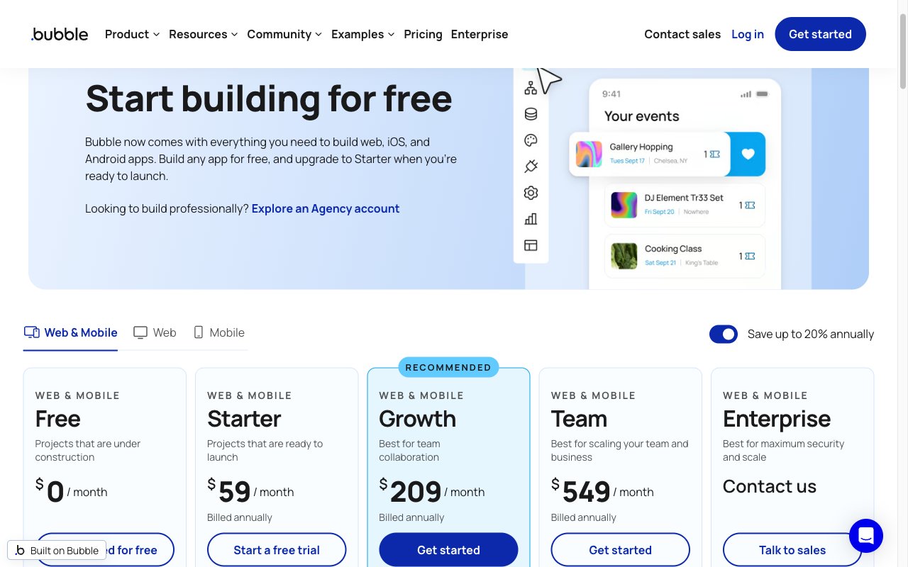 Bubble pricing: free to build, Starter $59, Growth $209, Team $549 per month