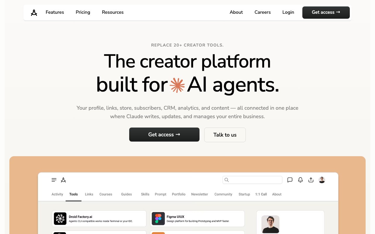 BusinessKit homepage showing 'The creator platform built for AI agents' with link-in-bio, courses, store, and CRM components