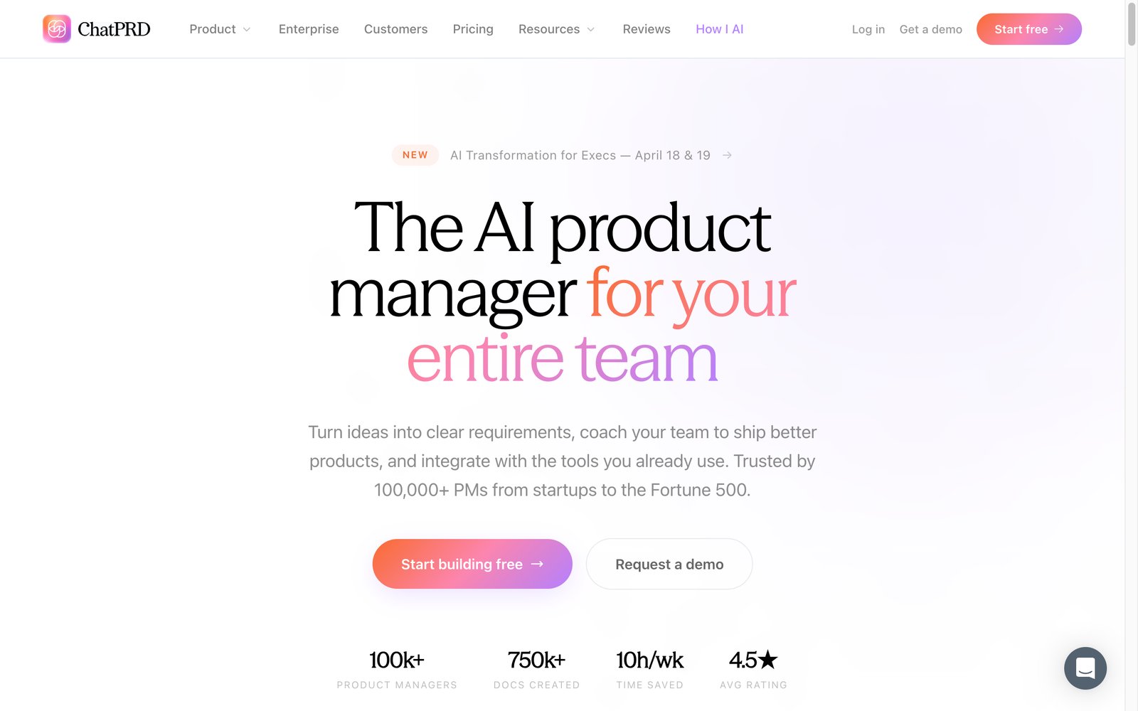 ChatPRD homepage: an AI copilot for product managers