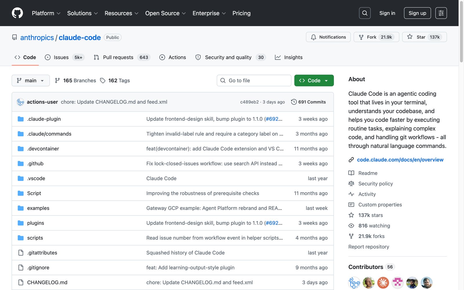 Claude Code's official GitHub repository, with 137k stars and an active plugin ecosystem