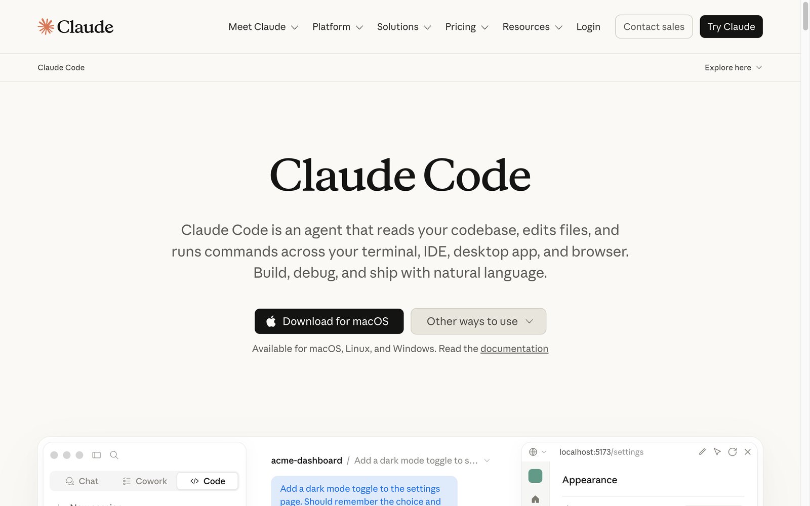 Claude Code homepage: an agent that reads your codebase from the terminal