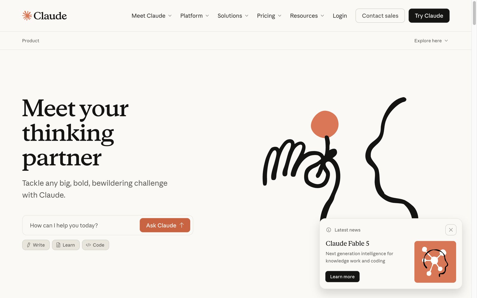 Anthropic Claude homepage showing the Claude coding assistant