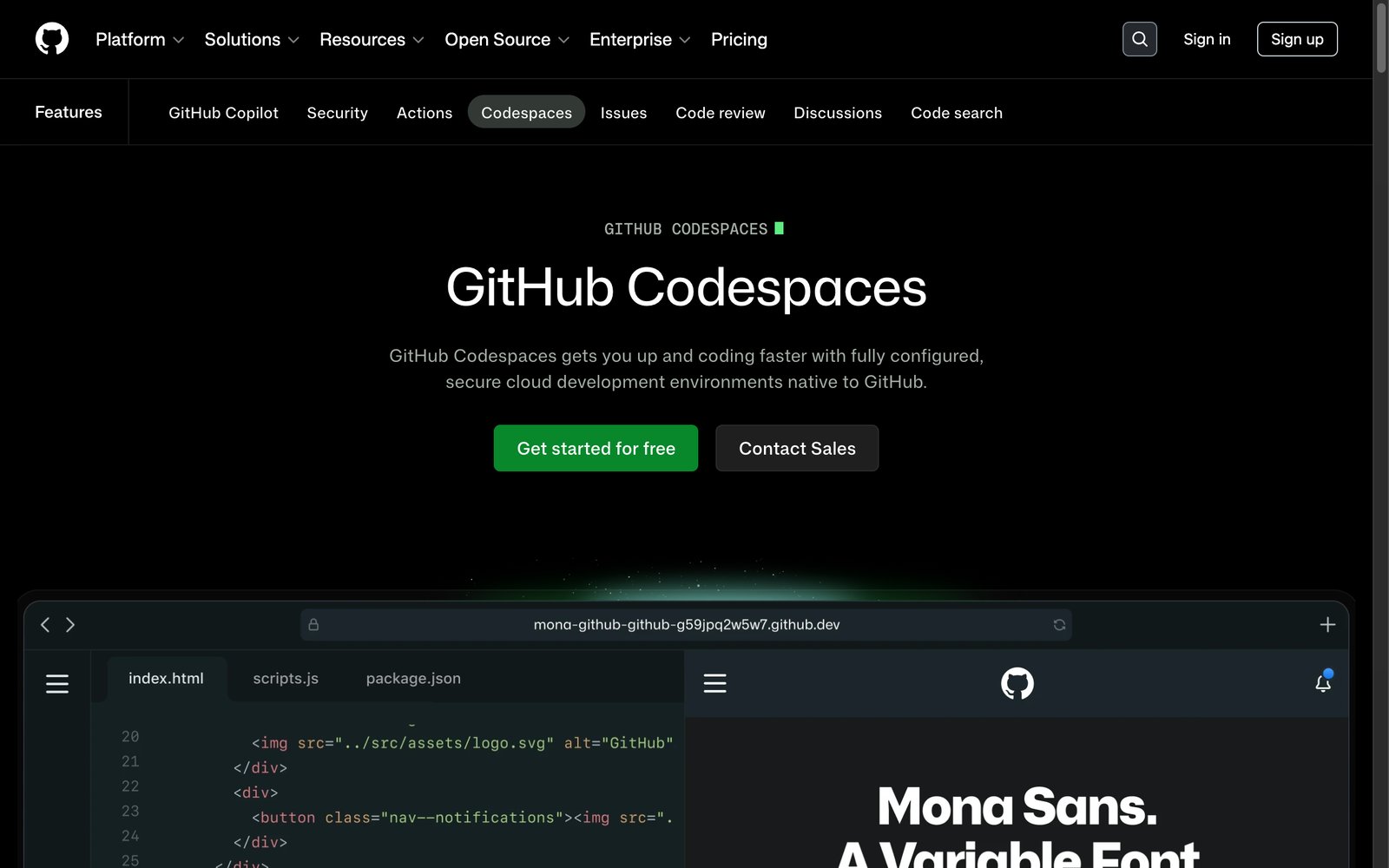 GitHub Codespaces homepage: a cloud development environment in your browser