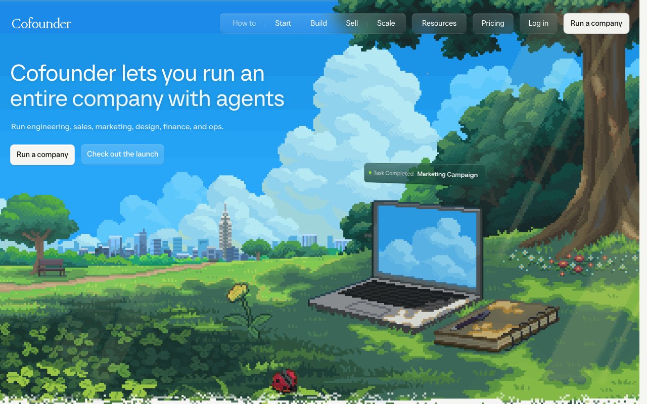 Cofounder homepage showing AI agent orchestration platform with company-style departments