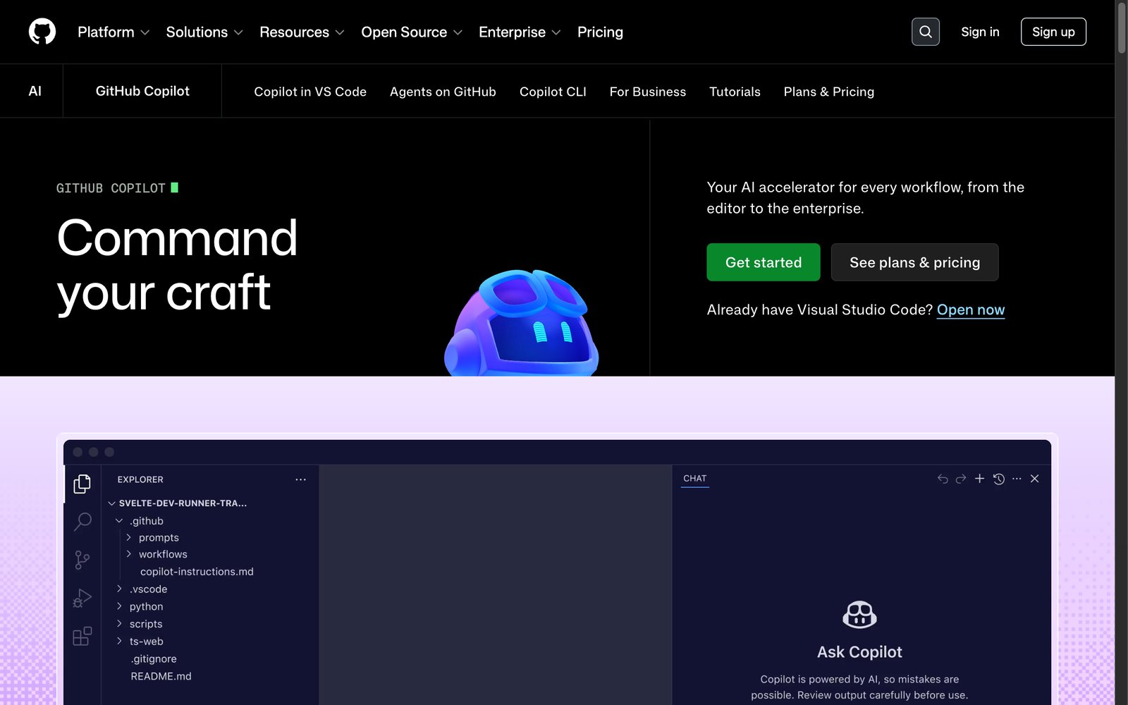 GitHub Copilot homepage: AI inside the editor you already use