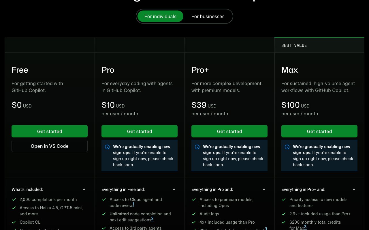 GitHub Copilot plans: Free, Pro $10, Pro+ $39, Max $100 per user per month