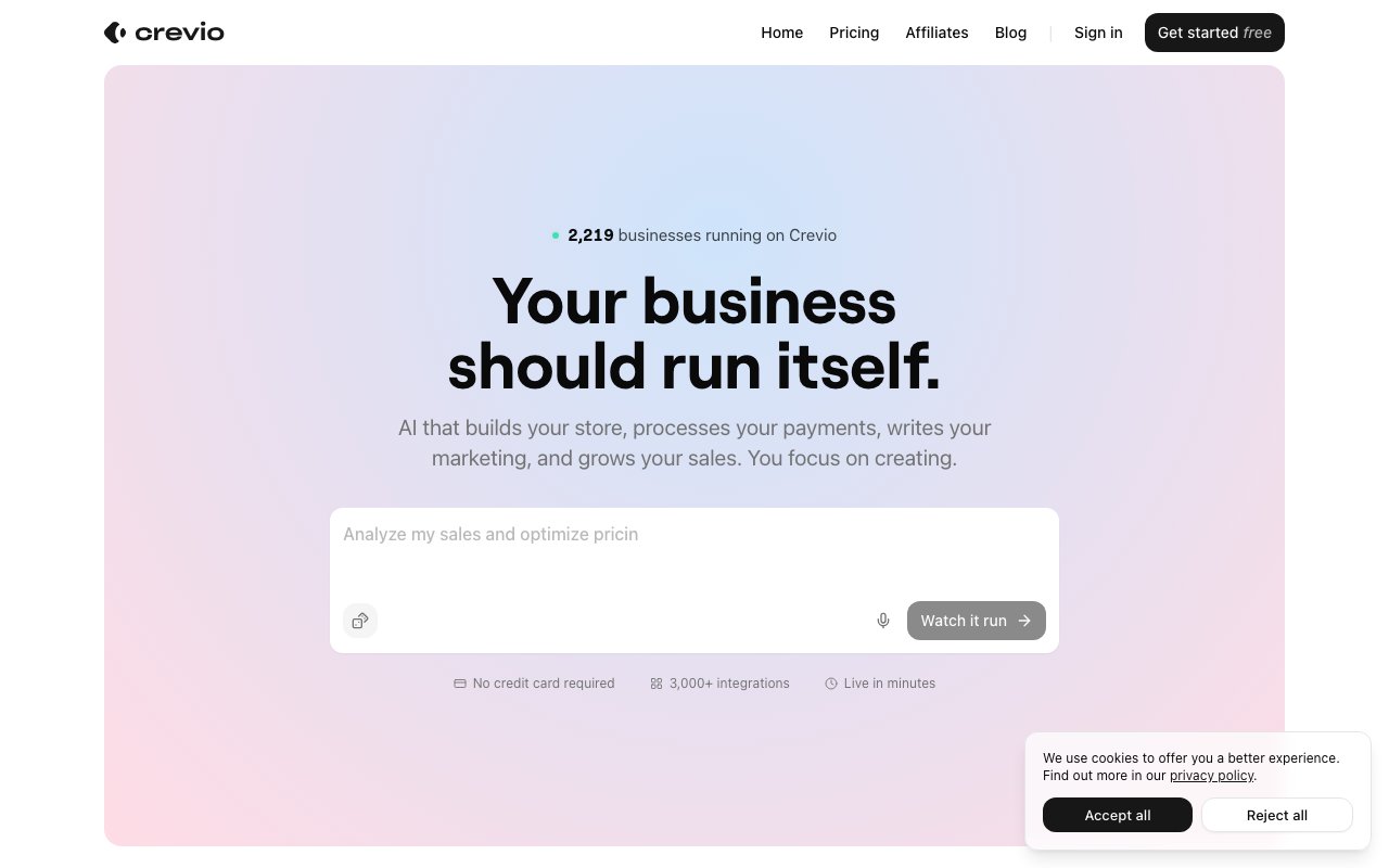 Crevio AI business builder homepage