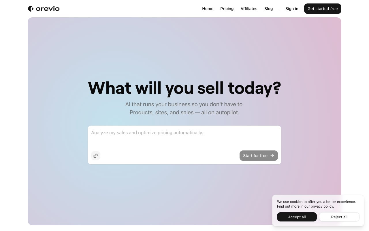 Crevio AI-powered business platform homepage