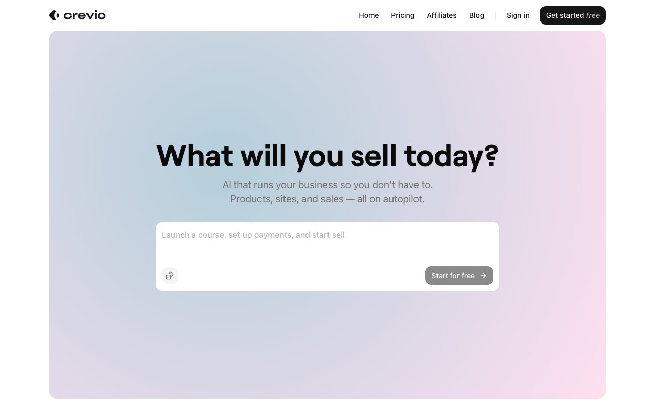 Crevio homepage showing AI-powered storefront and product platform