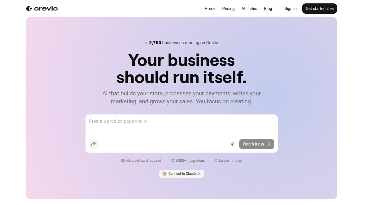 Crevio AI business builder homepage showing AI-powered platform for online businesses