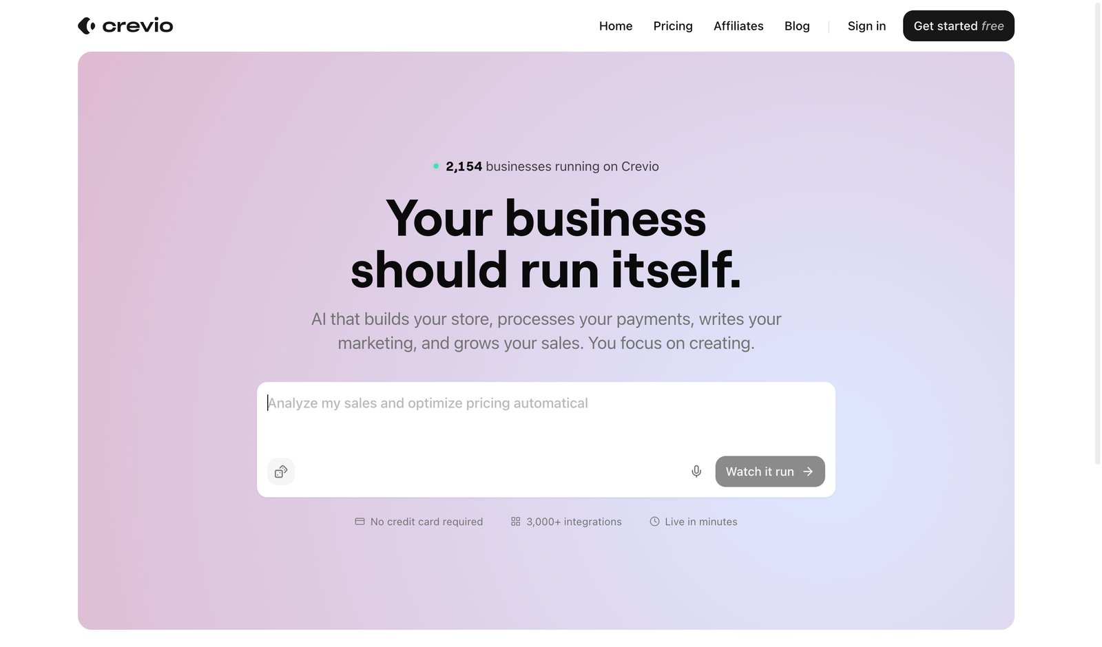 Crevio homepage showing AI-powered platform that runs your business