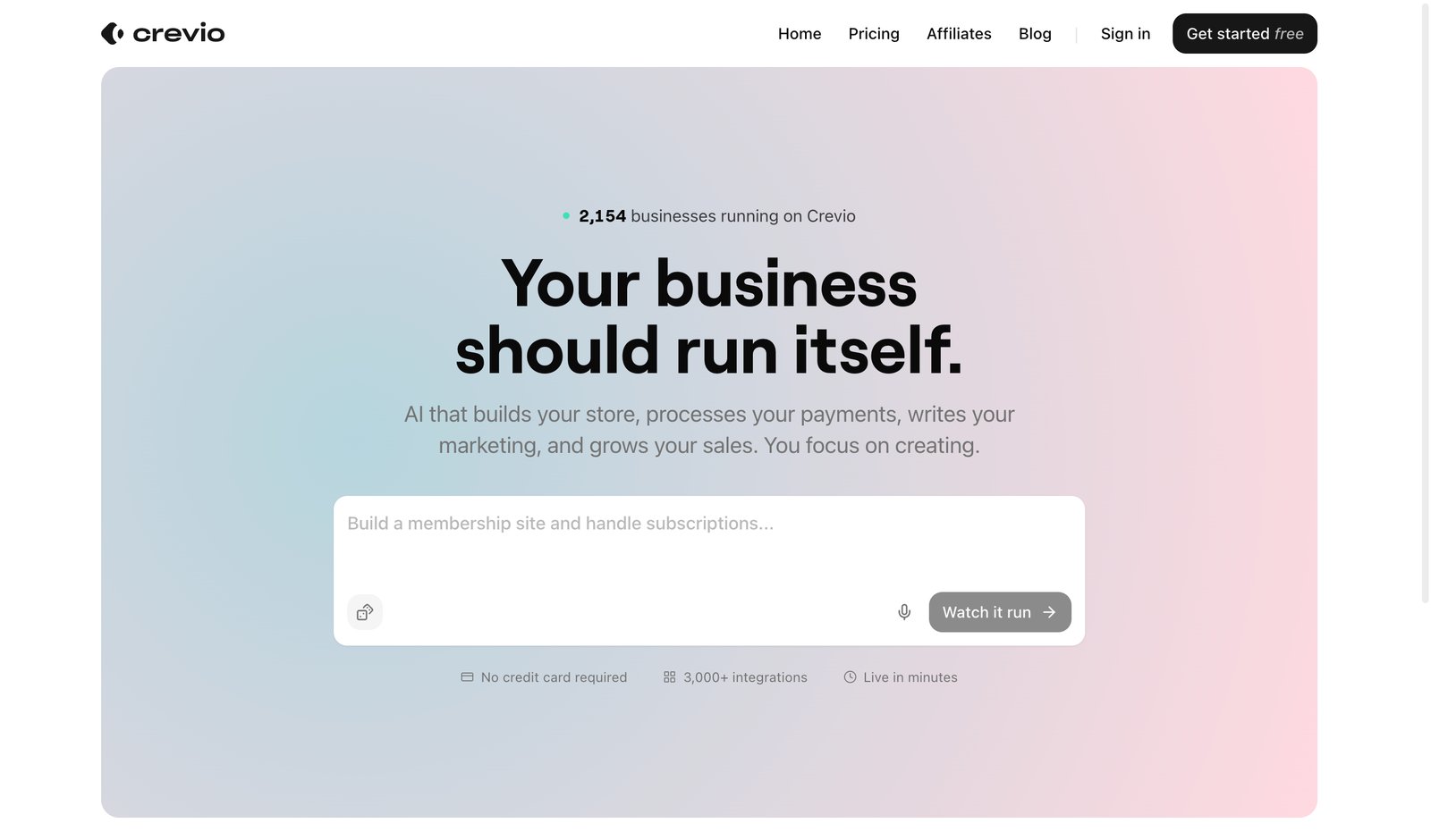 Crevio homepage showing the AI business builder