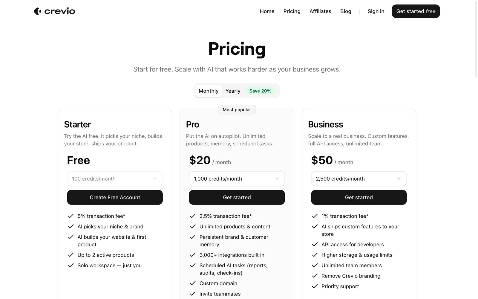 Crevio pricing: free Starter with 5% fee, Pro $20/month at 2.5%, Business $50/month at 1%