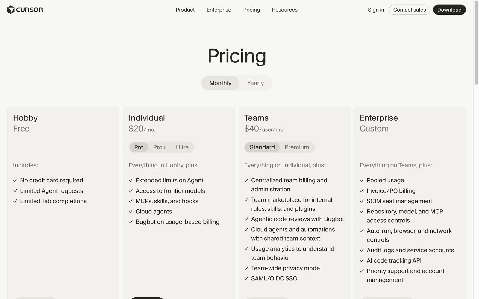 Cursor's pricing page: free Hobby, $20 Individual, $40 Teams