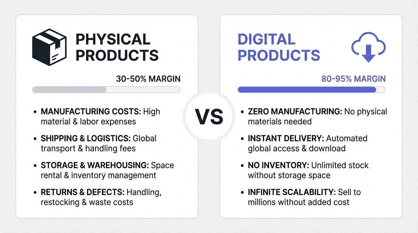 Digital products vs physical products profit margin comparison showing 80-95% margins for digital vs 30-50% for physical