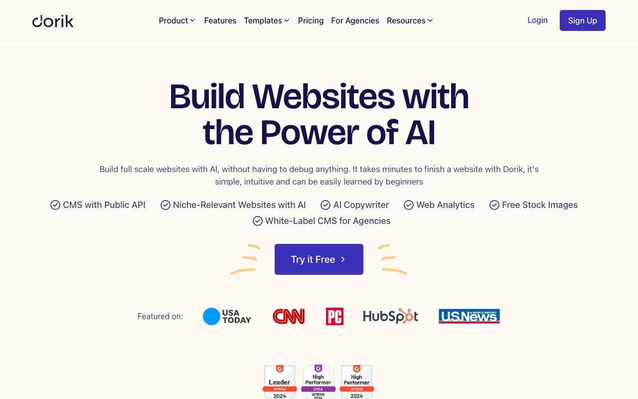 Dorik homepage showing simple AI website builder with free plan