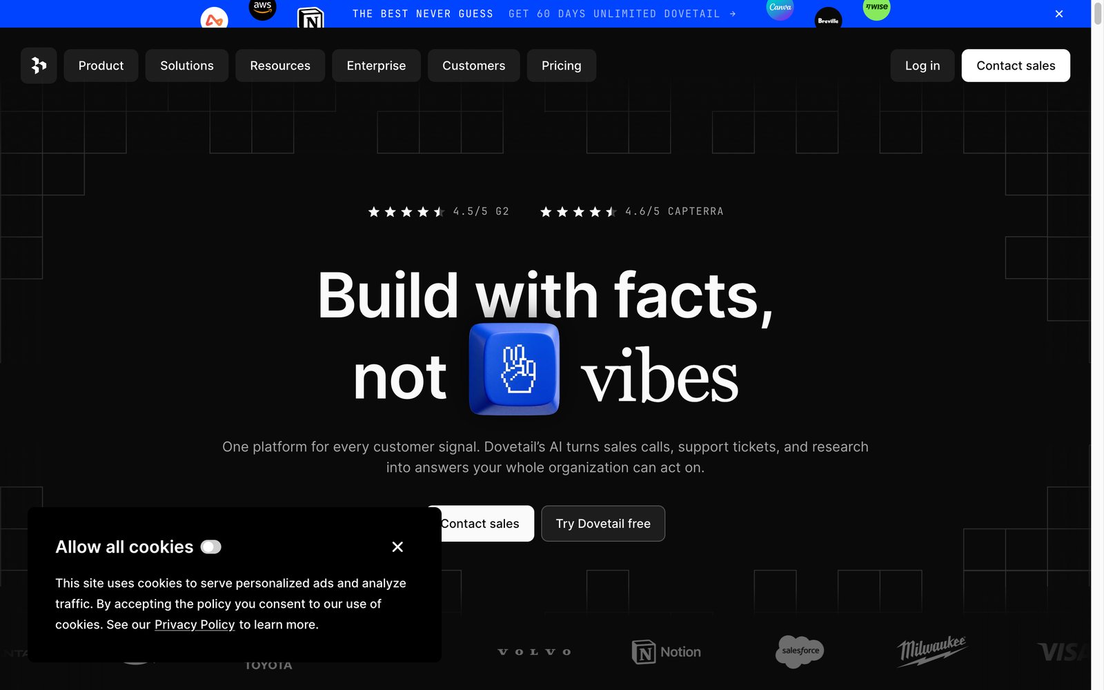 Dovetail homepage: AI-powered customer research and insights