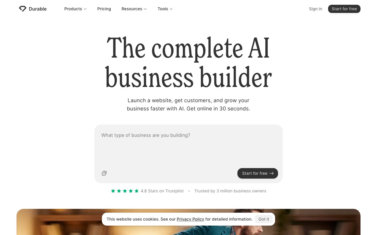 Durable homepage showing AI business builder for small and service businesses