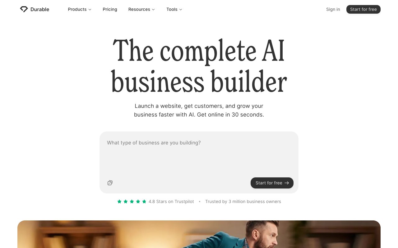 Durable AI website builder showing 30-second website generation for service businesses