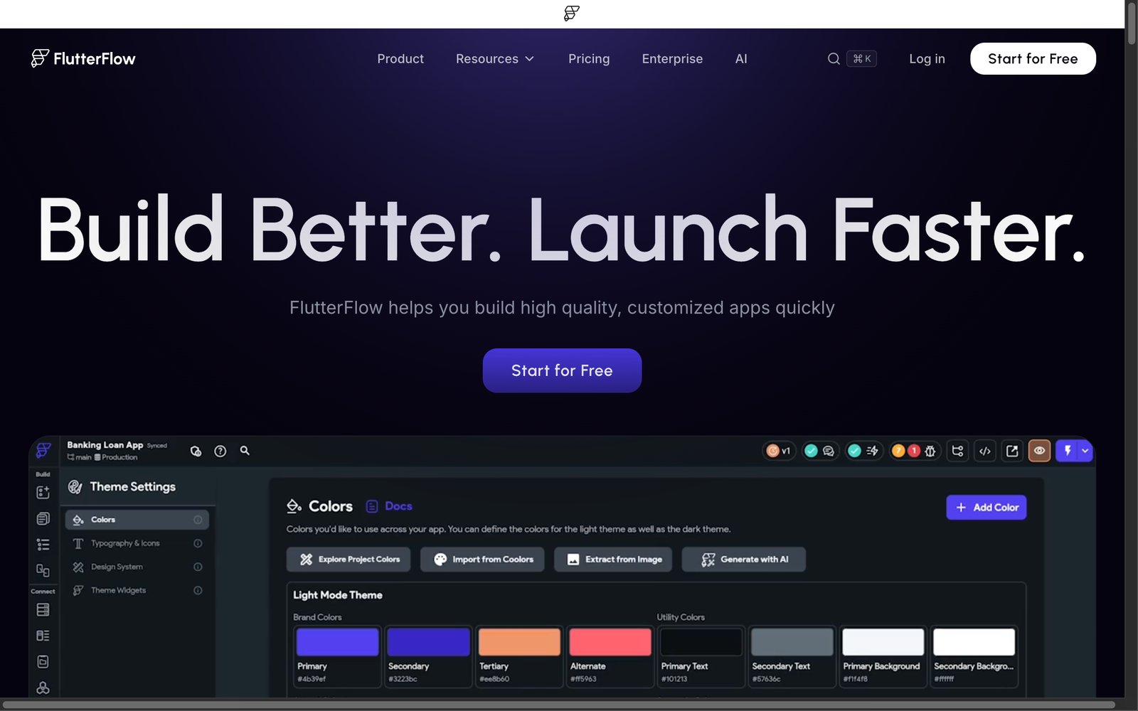 FlutterFlow homepage: build native mobile apps visually